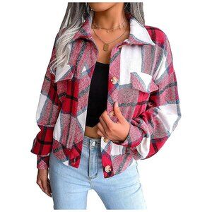 Women's Fall Fashion Cropped Shacket Plaid Jackets Coat-Red Plaid